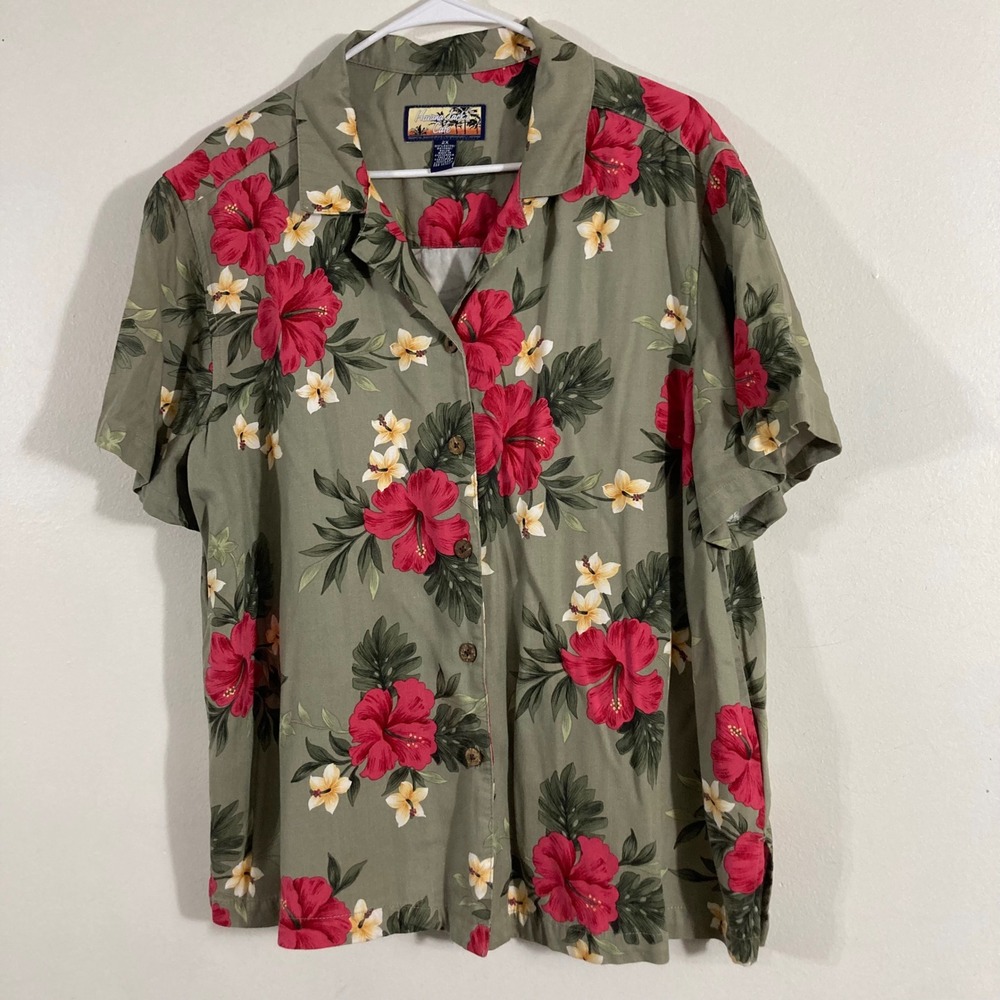Havana‎ Jack's Cafe Floral Hawaiian Shirt Mens 2X Green Red Rayon Hibiscus